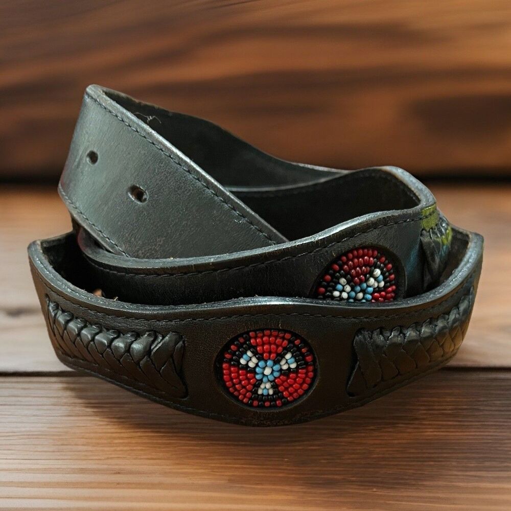 Nocona Western Mens 38 Belt ONLY Leather Beaded Southwest Conchos Black Cowboy